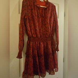 Floral Long Sleeve Red Dress